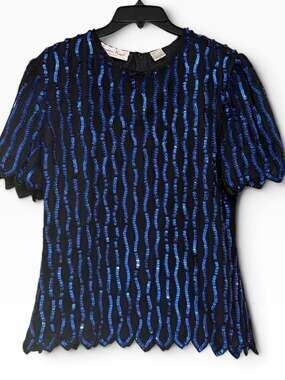 Lawrence Kazar New York Blue Black Silk Sequin Beaded Top Vintage Size M